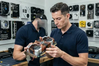 Technicien tenant une carte graphique GPU dans un atelier informatique organisé, analyse du rapport qualité-prix des cartes graphiques
