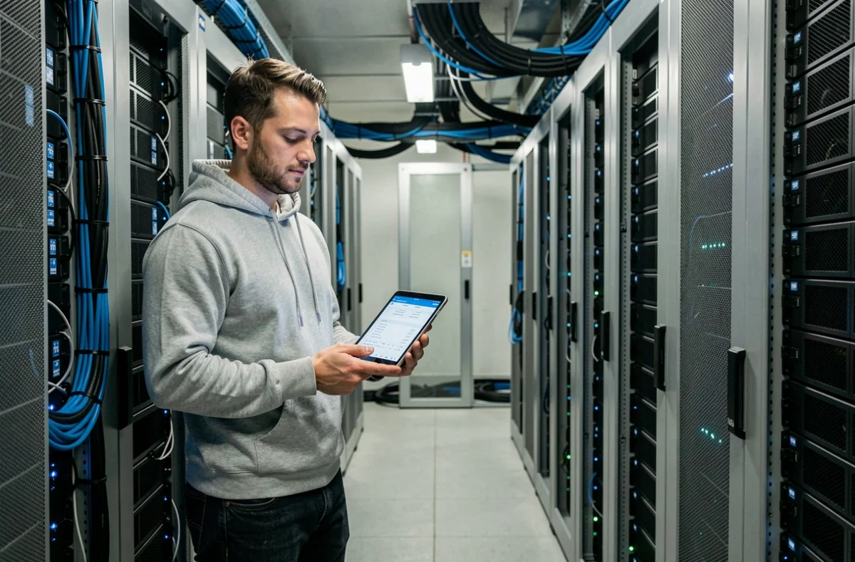 Technicien informatique effectuant un audit de sécurité réseau dans une salle de serveurs professionnelle