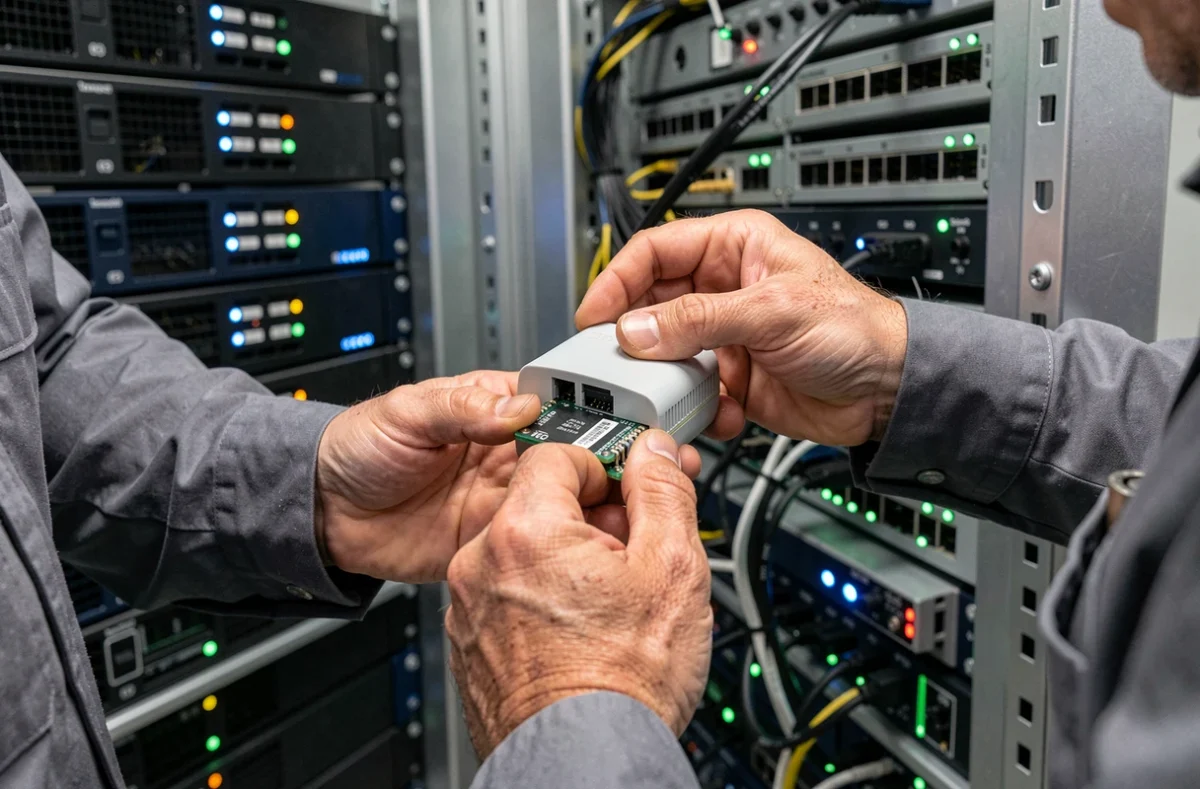 Technicien connectant un capteur IoT industriel à une passerelle réseau 5G dans une salle de serveurs