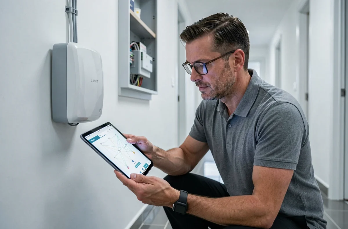 Technicien installant une box internet fibre optique dans un couloir d'appartement moderne, illustrant l'infrastructure réseau derrière la connexion Wi-Fi