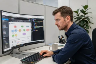Technicien informatique analysant les protocoles de messagerie IMAP4, POP3 et SMTP sur un écran d'ordinateur dans un bureau moderne