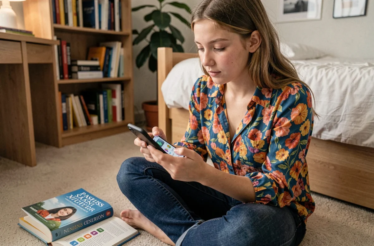 Adolescente cherchant et téléchargeant une application de traduction sur son smartphone dans sa chambre d'étude