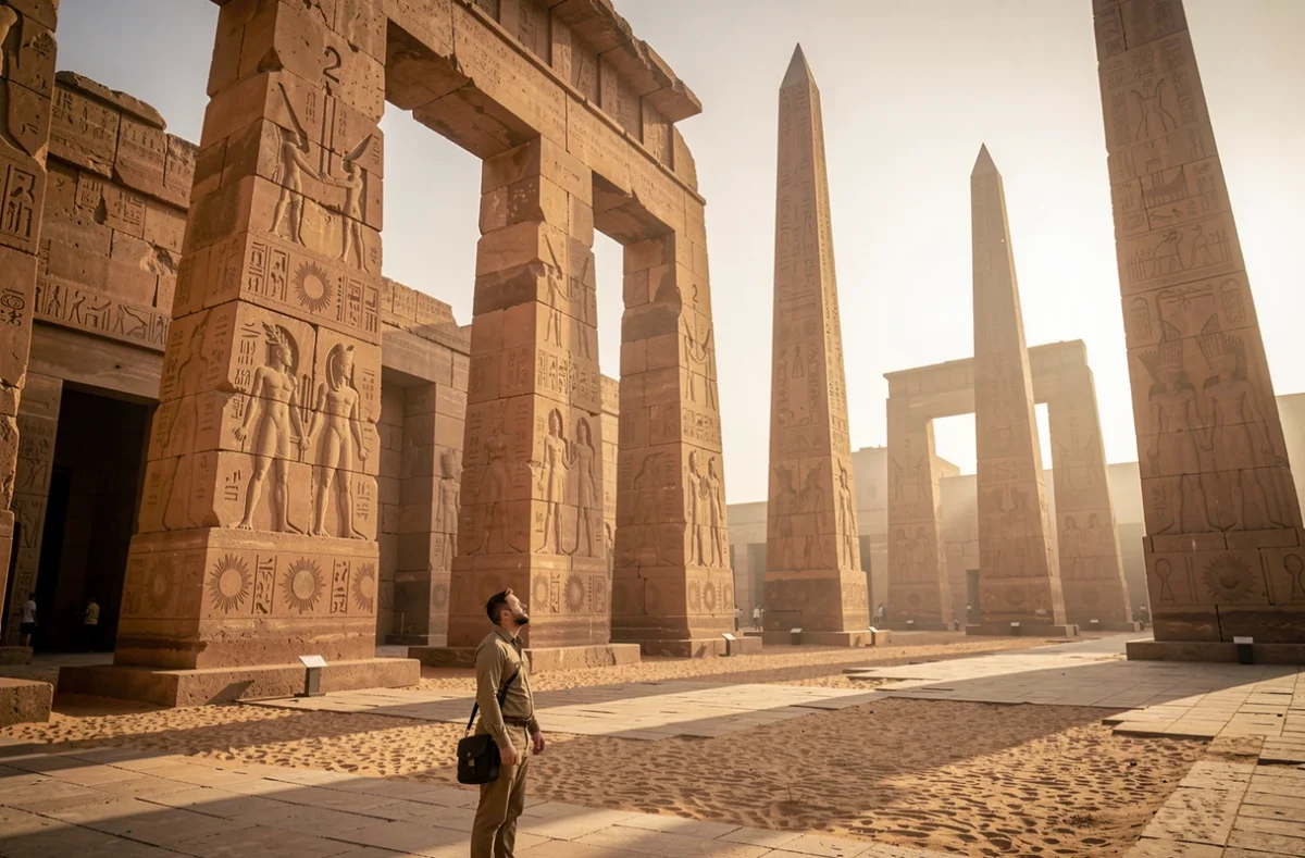 Temple de Karnak à Louxor en Égypte avec obélisques et symboles du dieu Ra gravés dans la pierre ancienne