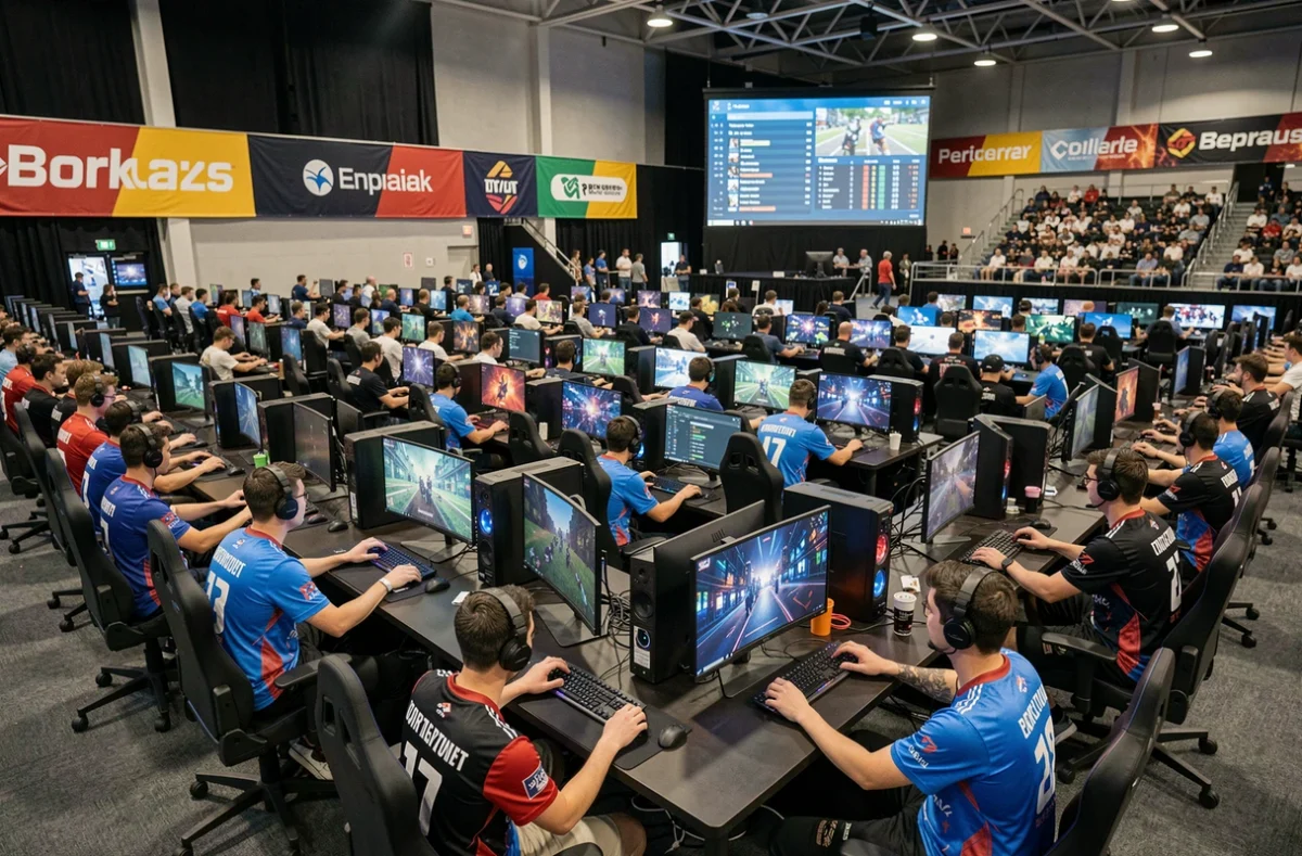 Vue d'ensemble d'un tournoi d'esports professionnel avec des rangées de joueurs en jerseys d'équipe dans une grande salle de compétition