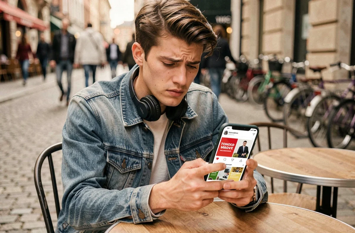 Jeune homme frustré par des publicités intrusives sur son smartphone en terrasse de café