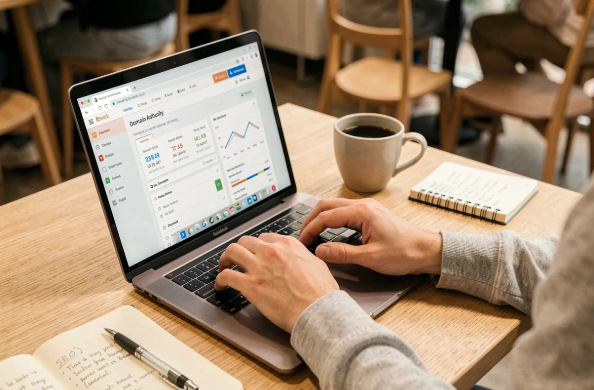 Mains d'un jeune professionnel tapant sur un laptop affichant un outil de vérification d'autorité de domaine SEO dans un café minimaliste