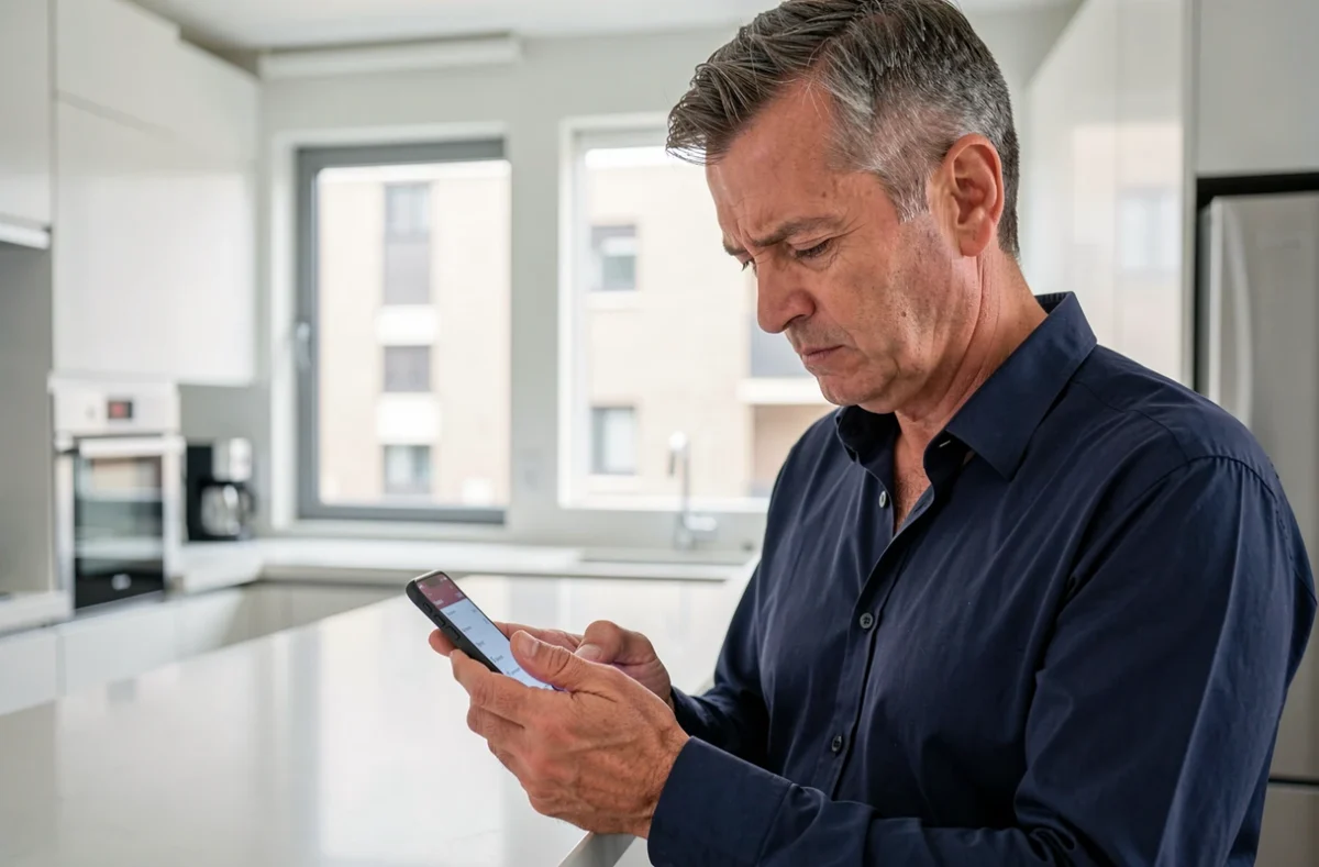 Homme vérifiant ses informations personnelles sur son smartphone dans une cuisine moderne