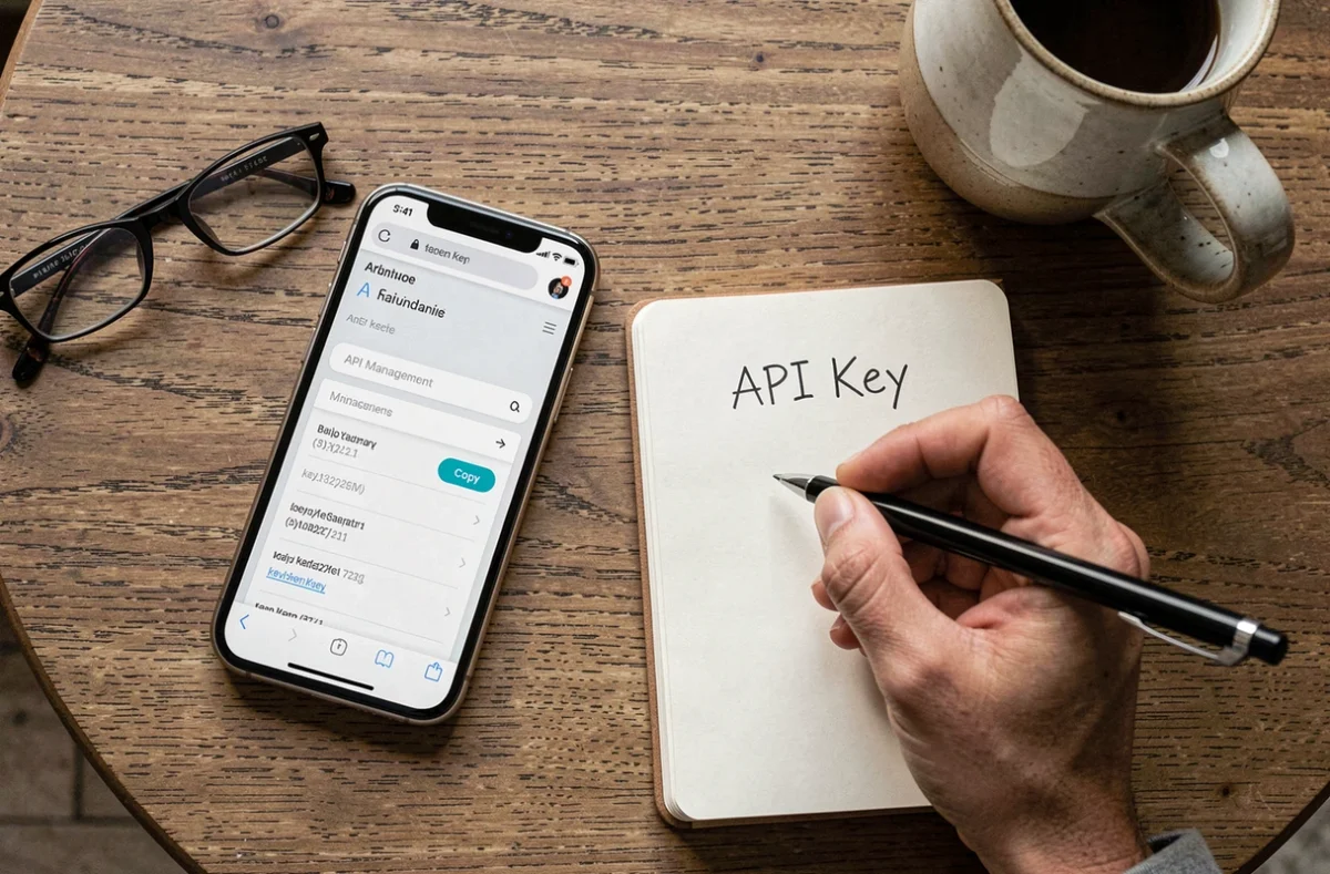 Vue aérienne d'un smartphone affichant une clé API sur un site web avec un carnet de notes à côté