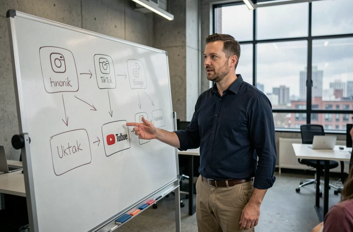 Homme présentant une comparaison des réseaux sociaux et de YouTube sur un tableau blanc dans un espace de coworking moderne
