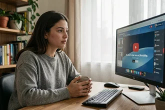 Jeune femme regardant une vidéo YouTube seule sur son ordinateur, illustrant la consommation passive de contenu sur la plateforme