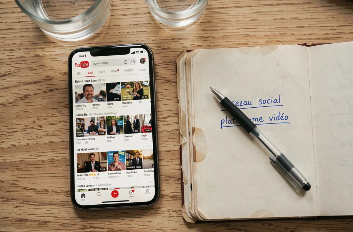 Vue aérienne d'un smartphone affichant YouTube à côté d'un carnet de notes comparant plateformes vidéo et réseaux sociaux